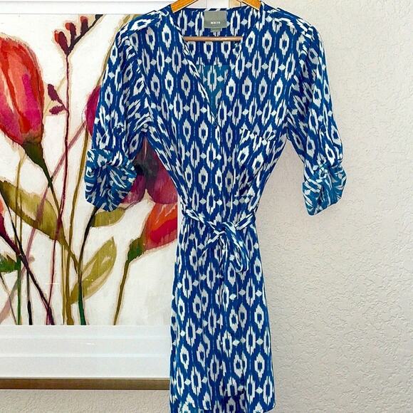 NEW Maeve Anthropologie Ikat Frequencies Blue White Shirt Dress Preppy Vacation - Picture 2 of 7